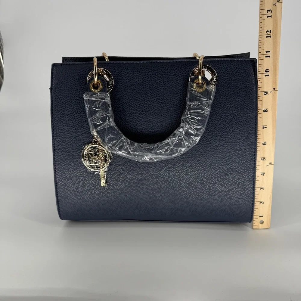 Studio Badgley Mischka Navy Vegan Leather Satchel Bag Top Handle‎ Charm $129